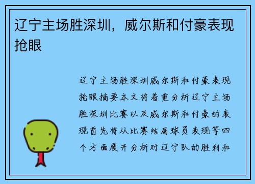 辽宁主场胜深圳，威尔斯和付豪表现抢眼